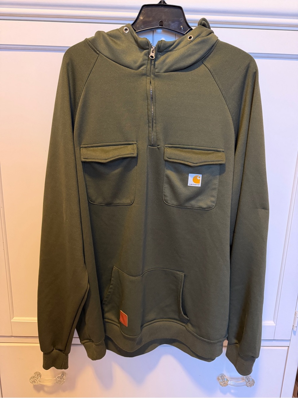 Olive Green Half-Zip Hooded Sweatshirt with Chest Flap Pockets- xxl
